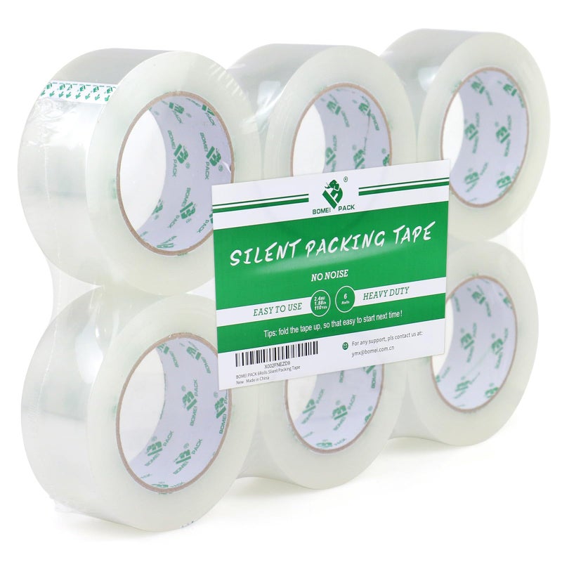 BOMEI PACK Silent Packing Tape, 2.4Mil x 1.88â€ x 110yds, Heavy Duty Clear Packaging Tape for Moving Boxes, 6 Rolls - Image 1